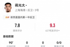 后防铁闸！蒋光太本场贡献9次解围，地面对抗+争顶全部成功